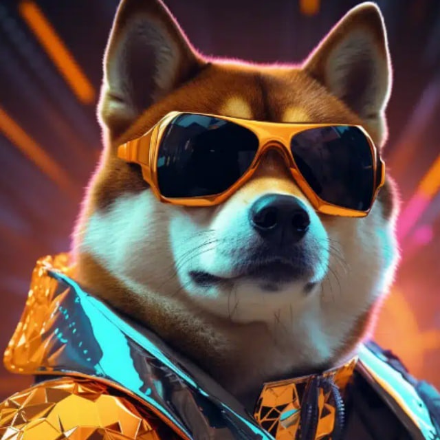 ShibaBlazeCoin mascot โ a Shiba Inu in gold sunglasses and a gold jacket